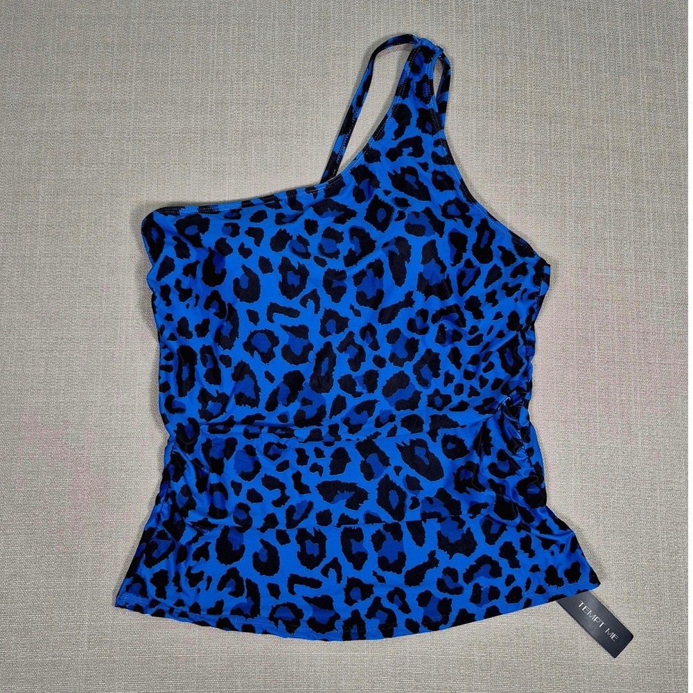 Tempt Me Blue Leopard One Shoulder Ruched Tankini Swim Top XXL New With Tags